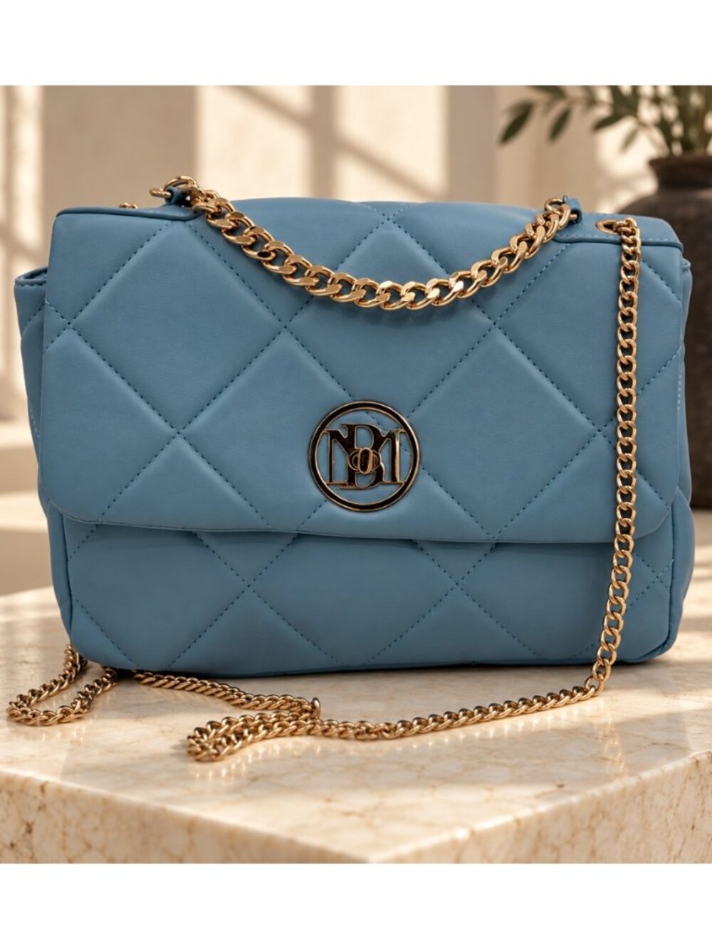 Badgley Mischka BMH-300 Light Blue Quilted Letter Lock Crossbody Bag NWT